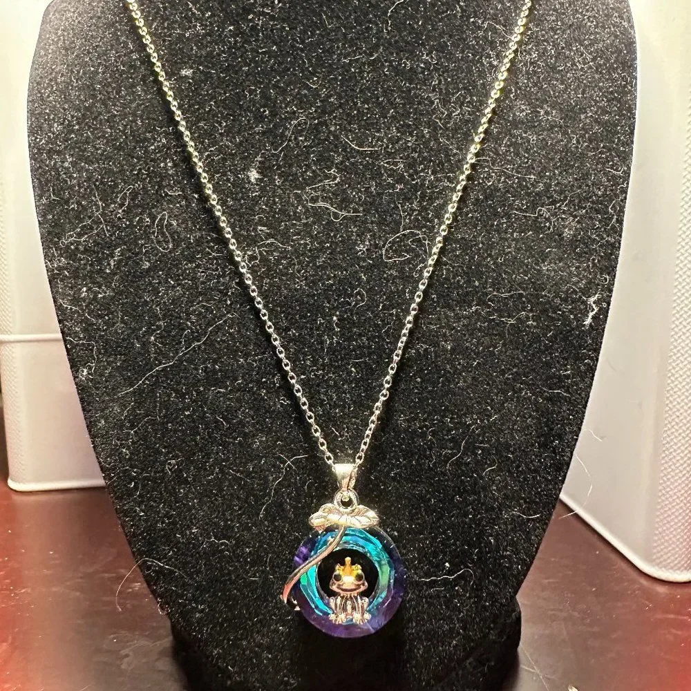 Girls Frog Pendant Necklace Blue Purple Stone Silver Tone Accents Cute Jewelry